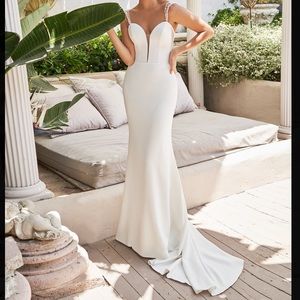Moonlight Bridal Sultry Regal Crepe Wedding Dress. Beaded Detachable Cap Sleeves
